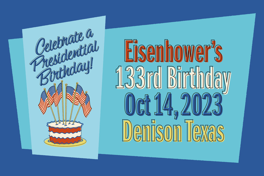 Ike's 133th B-Day graphics with a patriotic mid-century modern cake illustration.